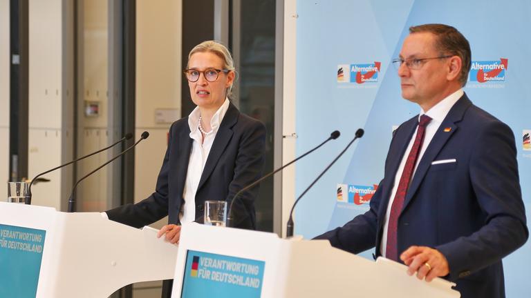 AfD-Fraktionssitzung: Alice Weidel und Tino Chrupalla, beide AfD, geben ein Pressestatement
