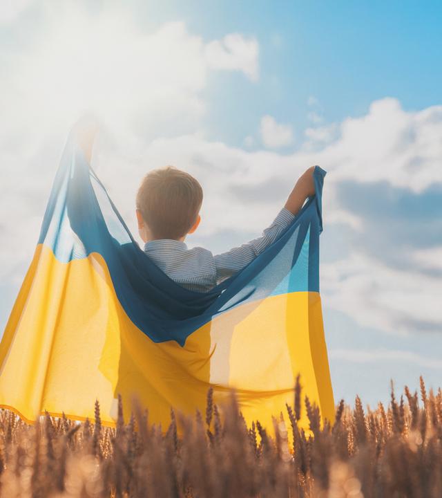 Glücklicher kleiner Junge ukrainische Patriot Kind mit nationaler Flagge auf Weizen Hintergrund. Ukraine, Frieden, Unabhängigkei