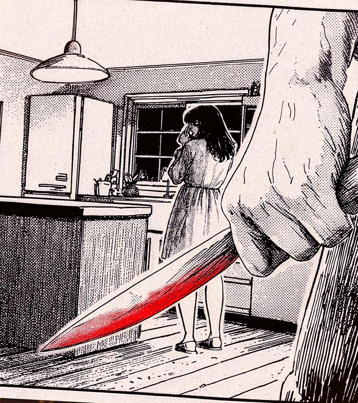 Grafik zum Femizid an Saadiya: Ein Mann bedroht in häuslicher Umgebung seine Frau mit einem Messer