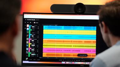 Waveforms of audio files from various instruments are displayed on a computer screen during the creation of an AI musical piece at SUNO, Tuesday, Jan. 13, 2026, in Cambridge, Mass.