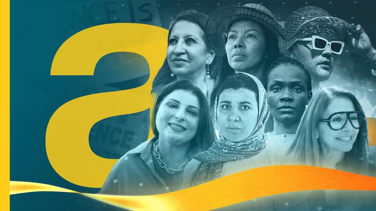 Porträts von 7 Frauen aus verschiedenen Ländern, daneben auslandsjournal-Logo, großes gelbes a