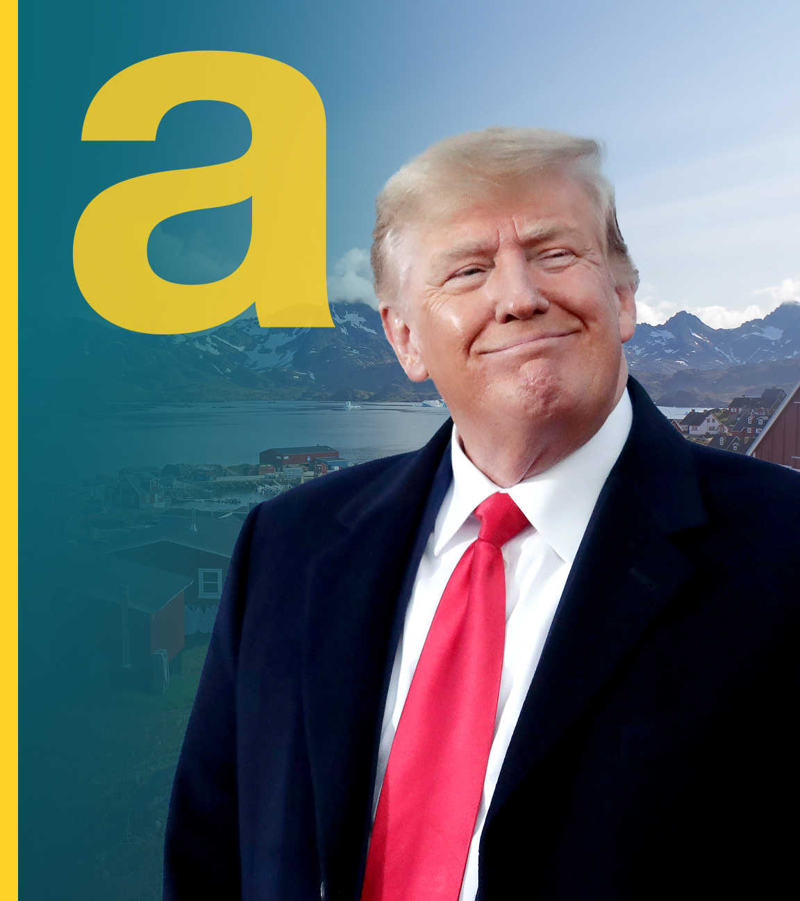 Kopf von Donald Trump vor grönländischer Landschaft