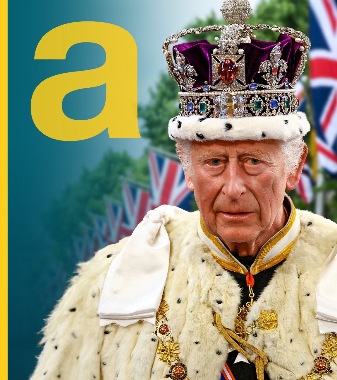 König Charles mit Krone, im Hintergrund UK-Flaggen