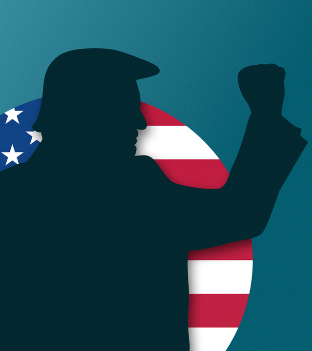 US-Präsident Donald Trump mit erhobener Faust als Schatten vor US-Flagge in Weltkugel-Form