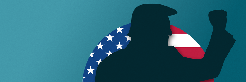 US-Präsident Donald Trump mit erhobener Faust als Schatten vor US-Flagge in Weltkugel-Form