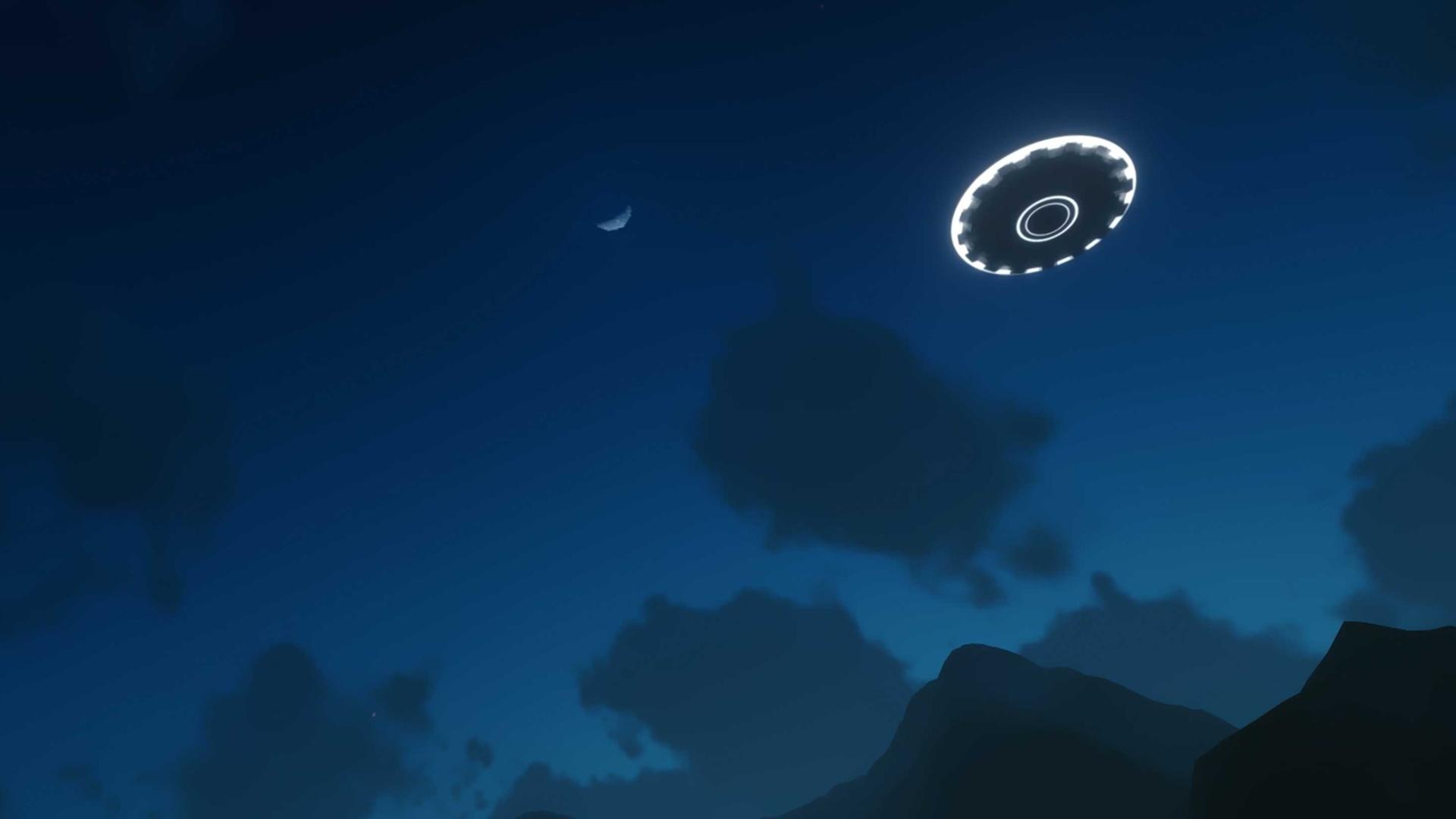  Im Dunkeln ist eine fliegende Untertasse zu sehen, die leuchtet. Im Hintergrund ist der Sichelmond zu sehen.