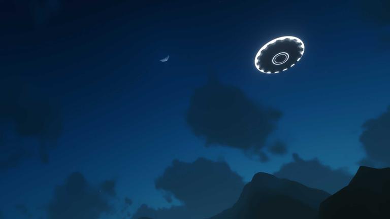  Im Dunkeln ist eine fliegende Untertasse zu sehen, die leuchtet. Im Hintergrund ist der Sichelmond zu sehen.