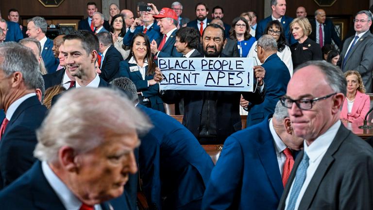 Der texanische Abgeordnete Al Green (Demokrat) hält ein Schild, bevor Präsident Donald Trump am 24.022026, im Repräsentantenhaus des US-Kapitols in Washington, D.C, seine Rede zur Lage der Nation hält