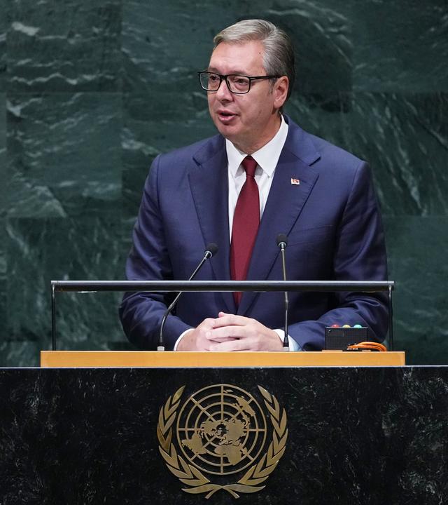 Der serbische Präsident Aleksandar Vucic spricht am Mittwoch, dem 23. September 2026, vor der 81. Sitzung der UN-Generalversammlung am UN-Hauptquartier. 