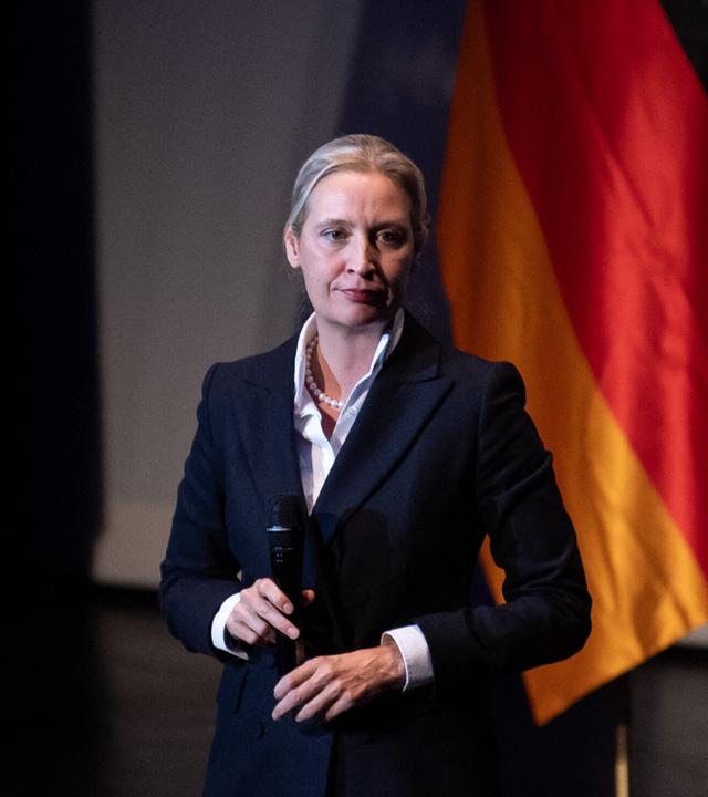 Alice Weidel steht mit Mikrofon in der Hand in einem Raum vor einer Deutschlandfahne.
