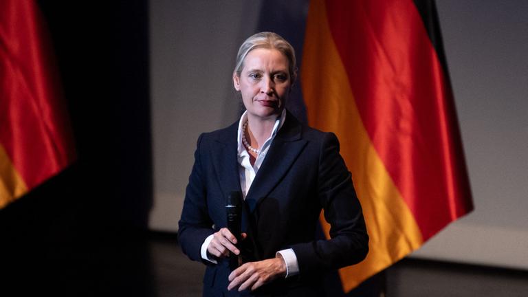 Alice Weidel steht mit Mikrofon in der Hand in einem Raum vor einer Deutschlandfahne.