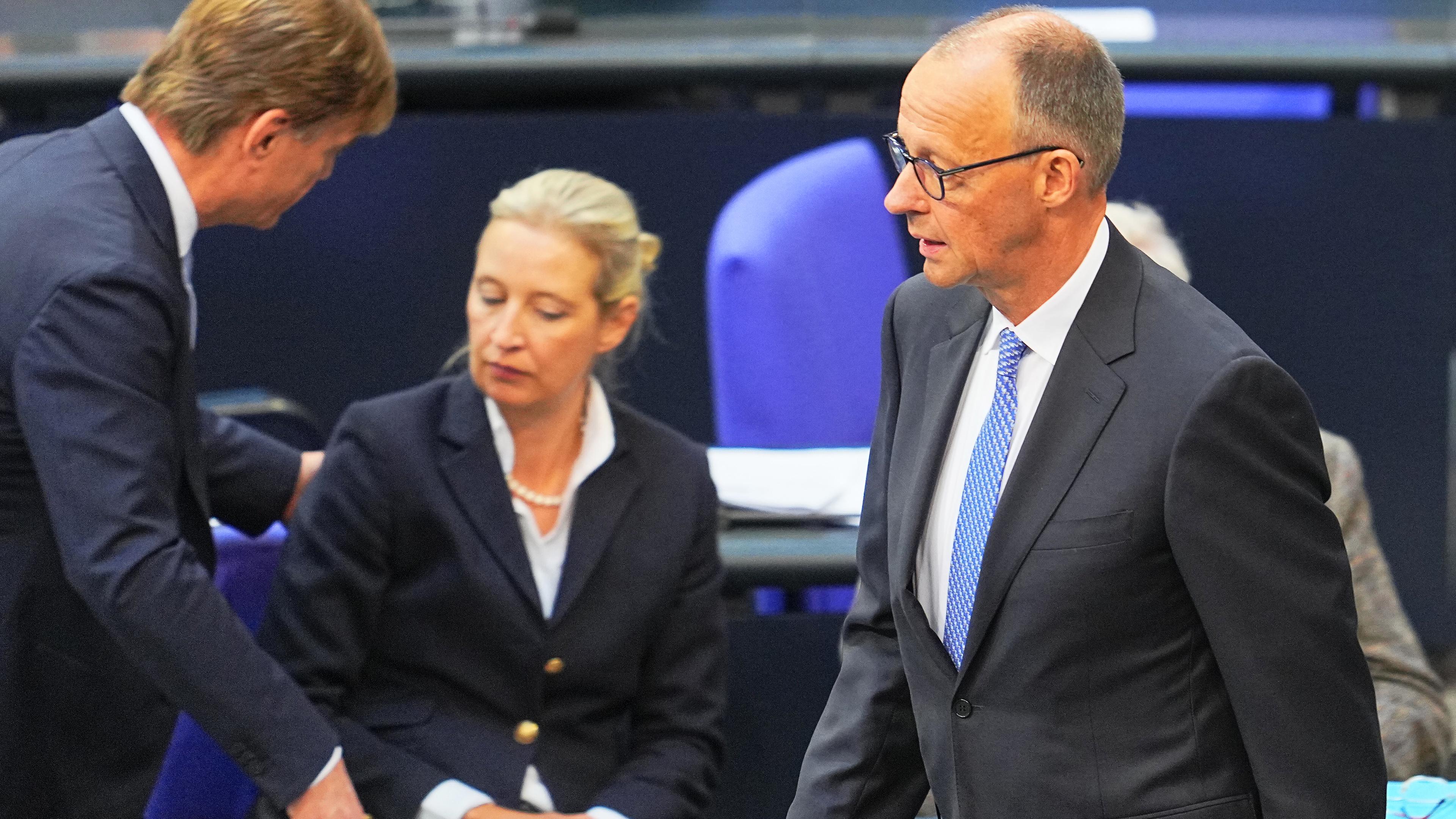 Archiv:  Der designierte Bundeskanzler Friedrich Merz (CDU, r) reagiert im Bundestag bei der Kanzlerwahl. Im Hintergrund unterhalten sich Bernd Baumann (l), erster parlamentarischer Geschäftsführer der AfD-Bundestagsfraktion, und Alice Weidel, Bundes- und Fraktionsvorsitzende der AfD. 