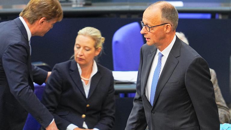 Archiv:  Der designierte Bundeskanzler Friedrich Merz (CDU, r) reagiert im Bundestag bei der Kanzlerwahl. Im Hintergrund unterhalten sich Bernd Baumann (l), erster parlamentarischer Geschäftsführer der AfD-Bundestagsfraktion, und Alice Weidel, Bundes- und Fraktionsvorsitzende der AfD. 
