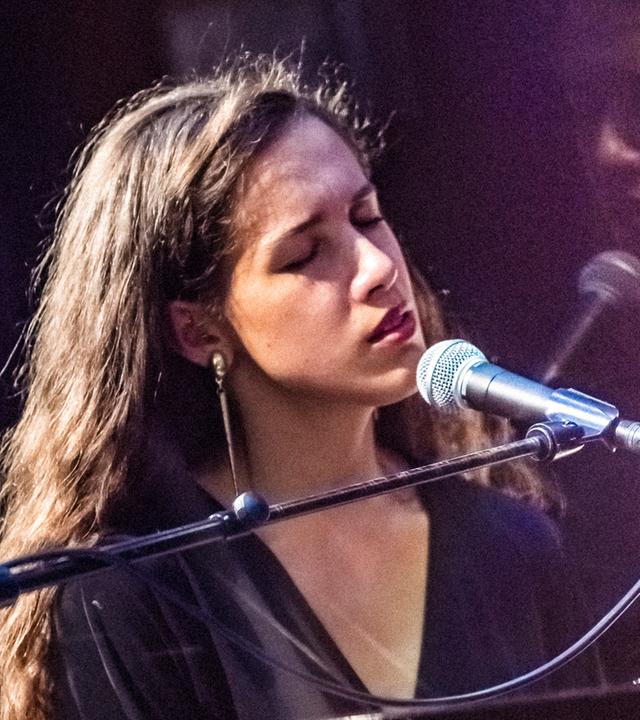 Musizierende Person am Mikrofon auf einer Bühne, beleuchtet von Bühnenlicht, mit sichtbarem Instrument und Performance-Situation.