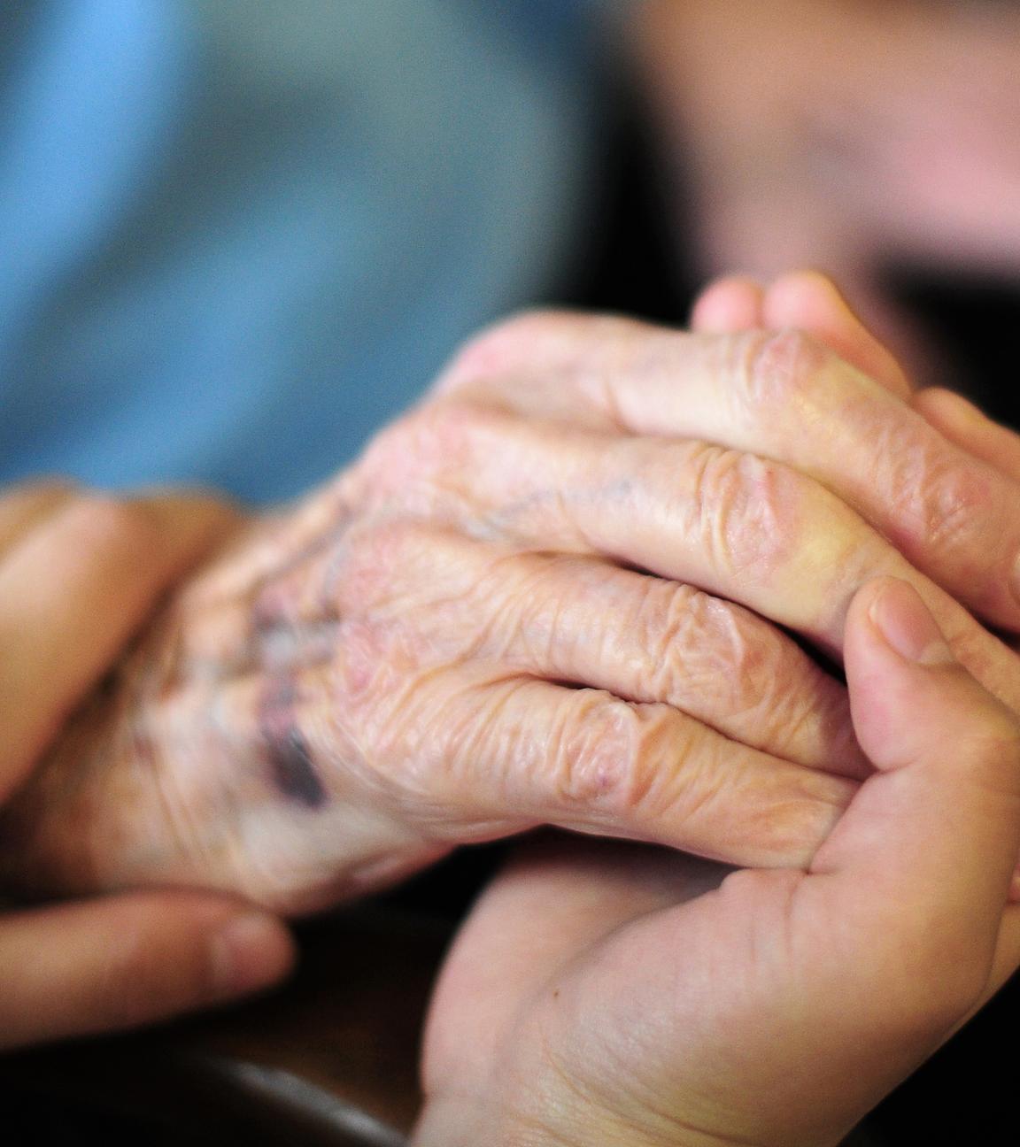 Eine Pflegekraft hält in einem Seniorenheim die Hand einer Bewohnerin, aufgenommen am 23.01.2014
