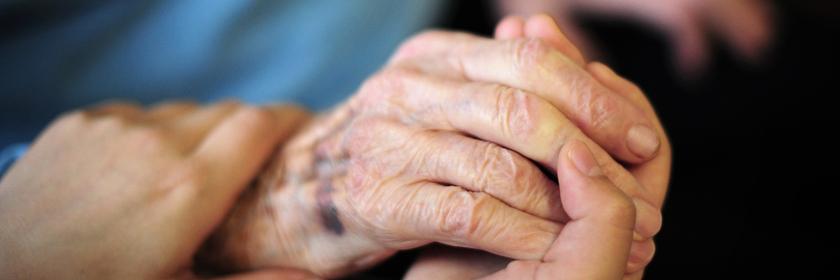 Eine Pflegekraft hält in einem Seniorenheim die Hand einer Bewohnerin, aufgenommen am 23.01.2014