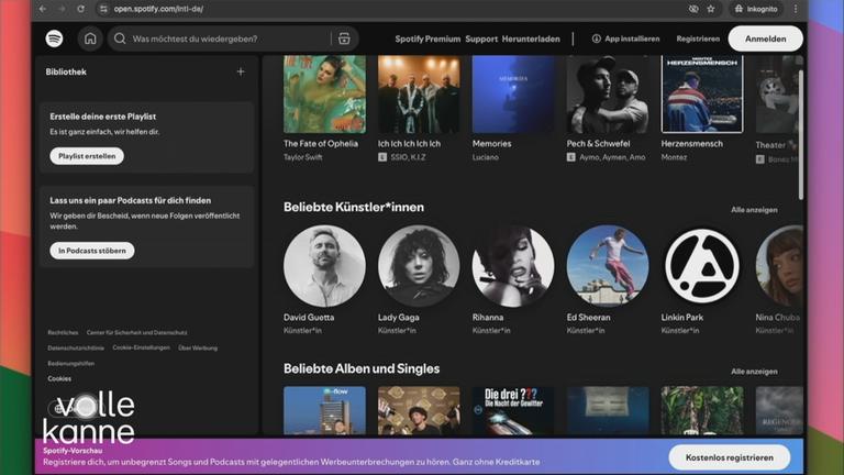 Ansicht der Website vom Musik-Streaming-Dienst Spotify.