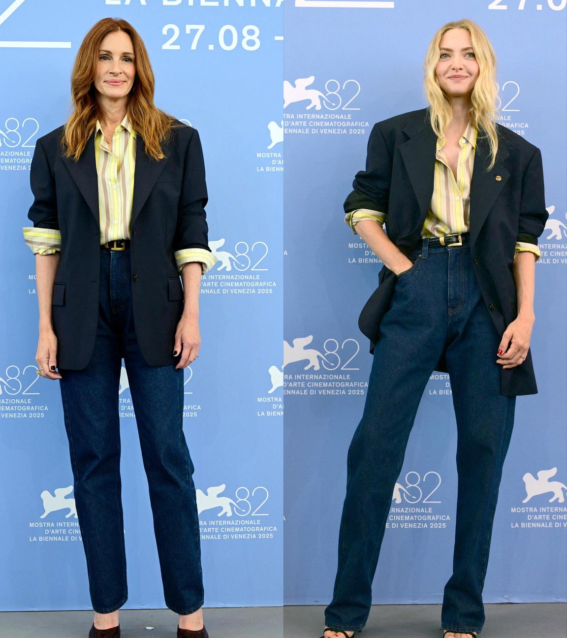Schauspielerinnen Amanda Seyfried und Julia Roberts in einem ähnlichen Outfit