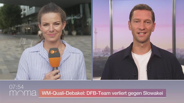 ZDF-Reporterin Amelie Stiefvatter im Gespräch mit ZDF-Moderator Florian Zschiedrich über den verkorksten Start der DFB-Elf in Bratislava,
