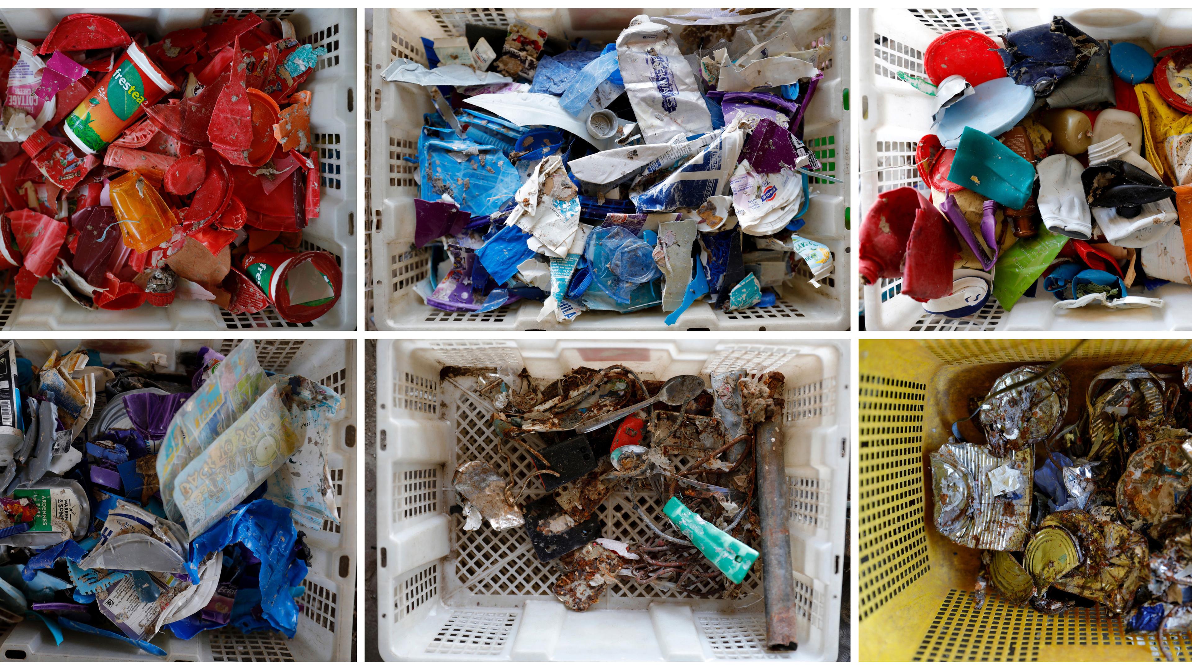 "Amerikas Plastik-Lüge - Profit statt Recycling": Bildmontage aus sechs quadratischen Einzelbildern mit bunten Kleinteilen und Verpackungsmaterial: Es zeigt sortiertes Plastik in getrennten Behältern.