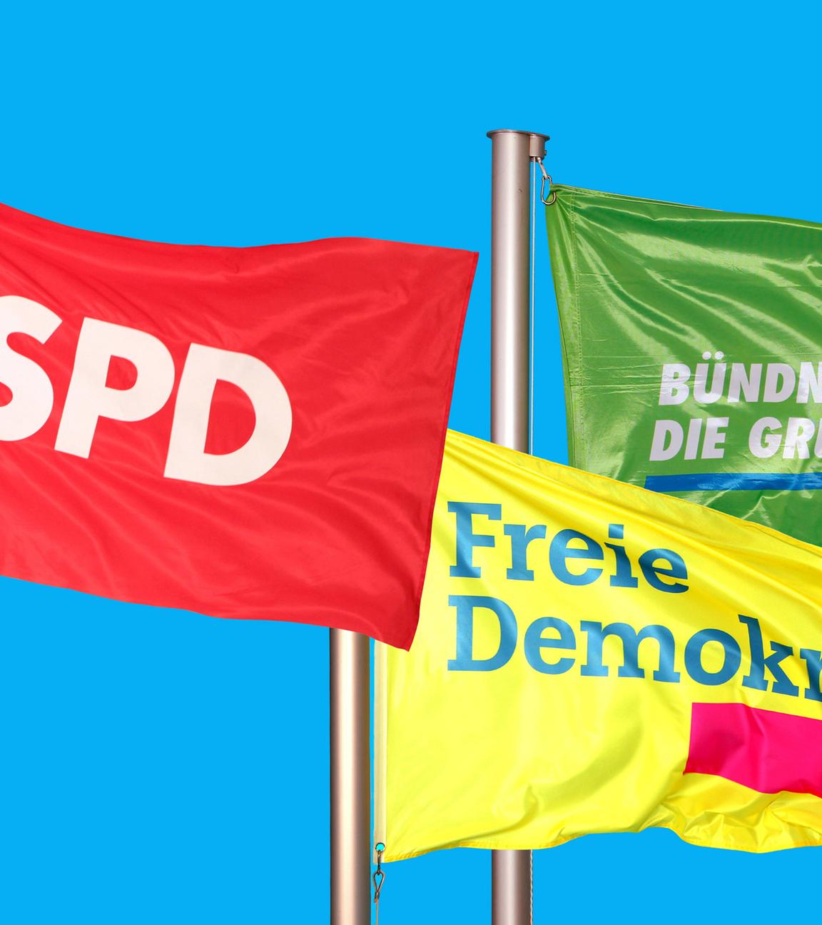 wehende flaggen von spd, fdp und buendnis 90/die gruenen - symbolfoto: ampelkoalition