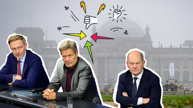 Im Hintergrund vernebelter Bundestag, davor Christian Lindner, Robert Habeck und Olaf Scholz in miesepetriger Stimmung, darüber Grafik mit Streit.