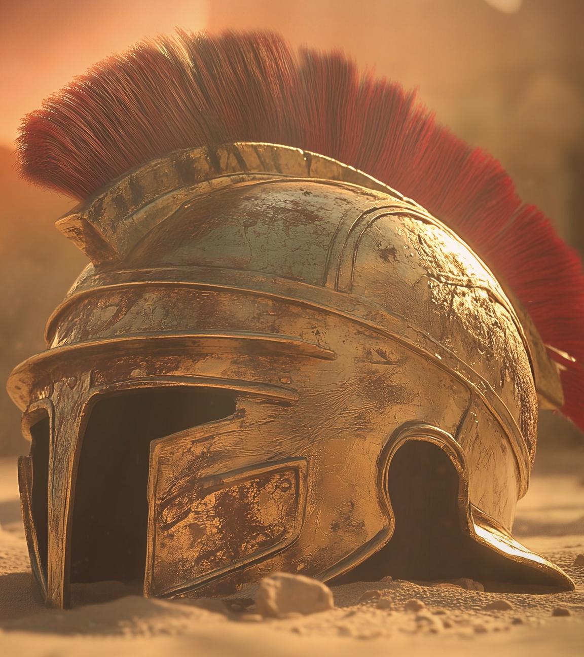 Der Helm eines römischen Soldaten im Sand; im Hintergrund die Ruinen einer antiken Ruine.