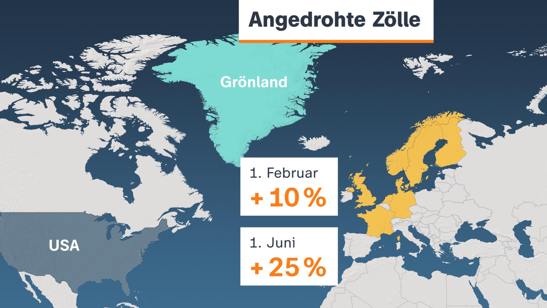 Die Infokarte zeigt die betroffenen Länder der angedrohten US-Zölle im Grönland-Streit. Gegen Dänemark, Norwegen, Schweden, Frankreich, Deutschland, Großbritannien, die Niederlande und Finnland sollen ab dem 1. Februar Zölle in Höhe von 10 Prozent gelten, ab dem 1. Juni Zölle in Höhe von 25 Prozent.