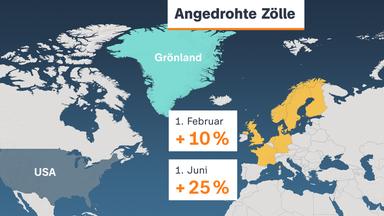 Die Infokarte zeigt die betroffenen Länder der angedrohten US-Zölle im Grönland-Streit. Gegen Dänemark, Norwegen, Schweden, Frankreich, Deutschland, Großbritannien, die Niederlande und Finnland sollen ab dem 1. Februar Zölle in Höhe von 10 Prozent gelten, ab dem 1. Juni Zölle in Höhe von 25 Prozent.