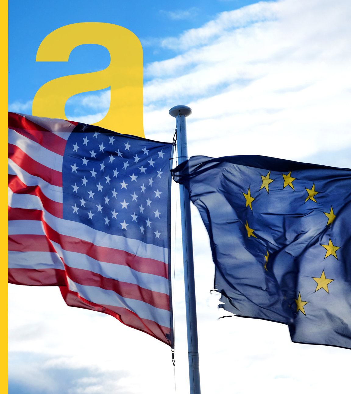 Zwei wehende Flaggen, die europäische und US-Flagge