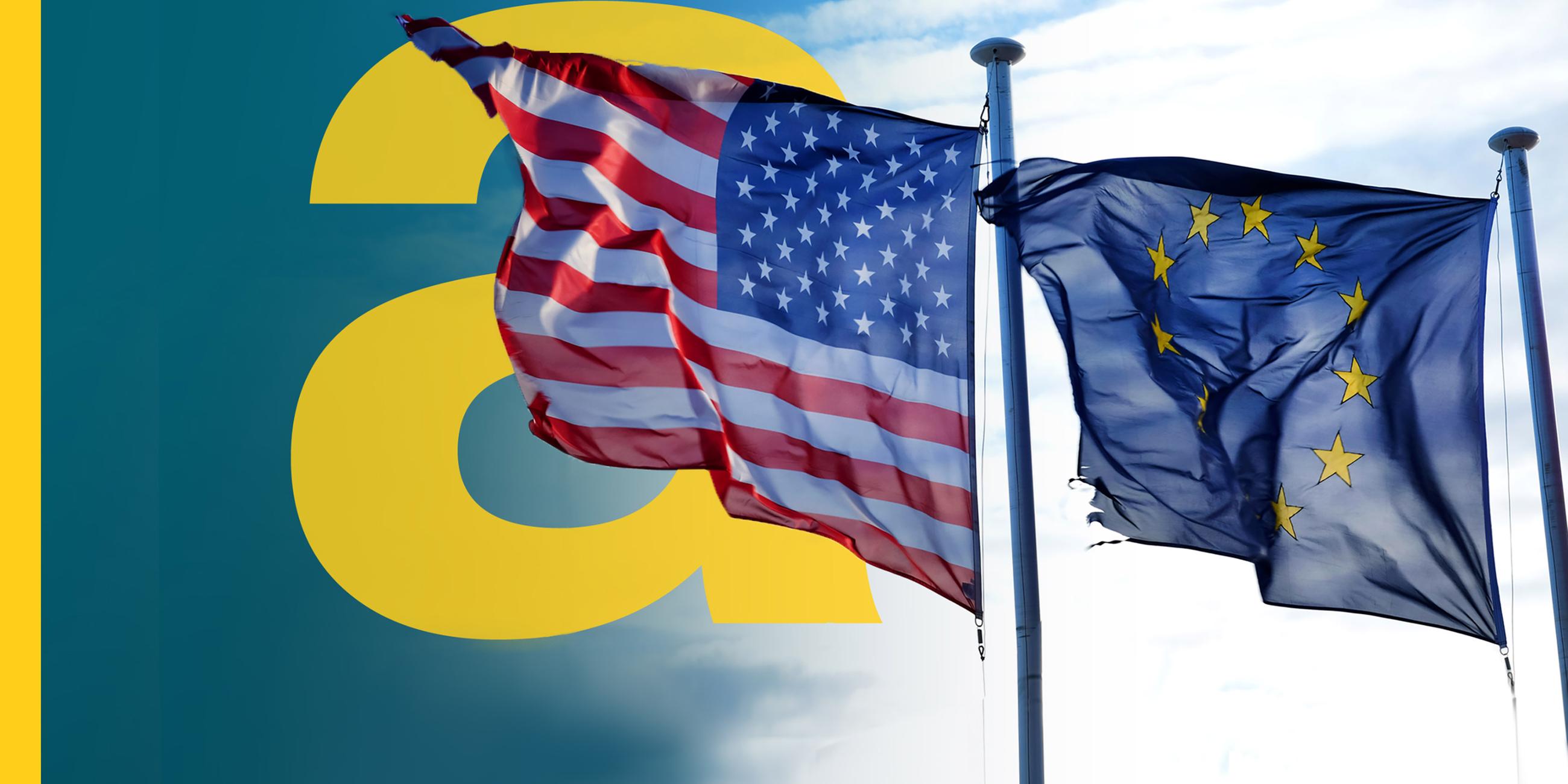 Zwei wehende Flaggen, die europäische und US-Flagge
