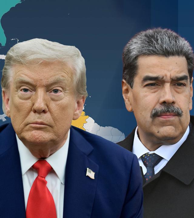 US-Präsident Trump und Präsident Maduro sind vor einer Weltkarte zu sehen, auf der Venezuela und die USA farblich hervorgehoben sind.