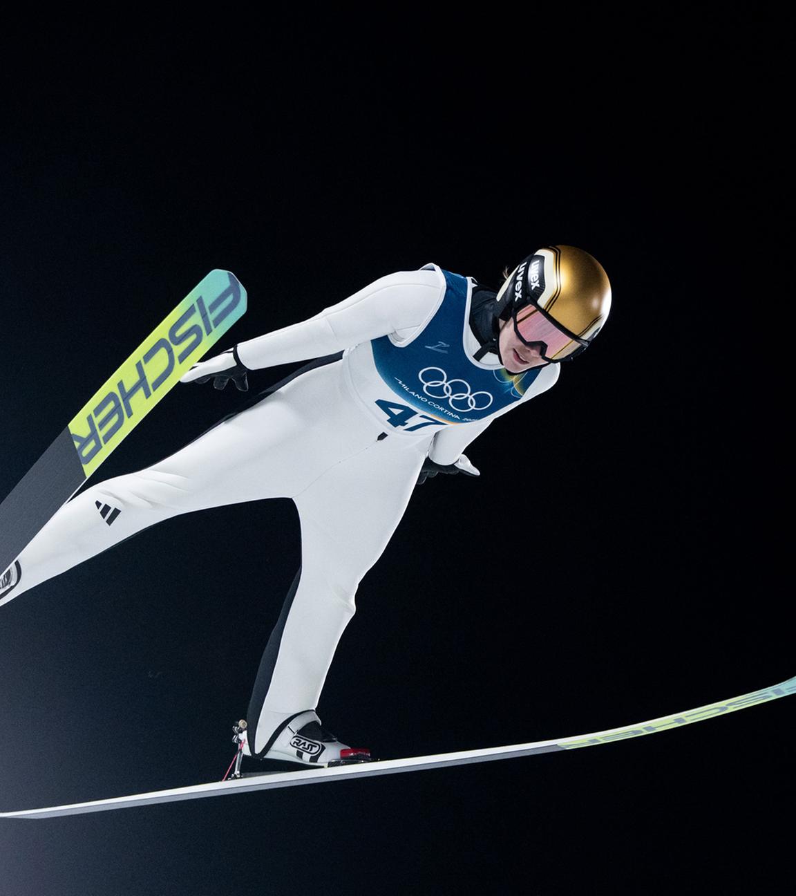 Anna Odine Strøm (Norwegen) beim Einzel-Skispringen der Damen auf der Normalschanze bei den Olympischen Spielen Milano Cortina 2026.