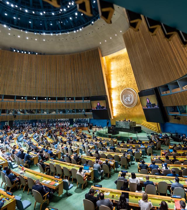 Annalena Baerbock, Präsidentin der Generalversammlung der UN, bei der Generalversammlung bei den Vereinten Nationen vor der Wahl für die nicht ständigen Mitglieder des UN-Sicherheitsrats am 03.06.2026 in New York, USA.