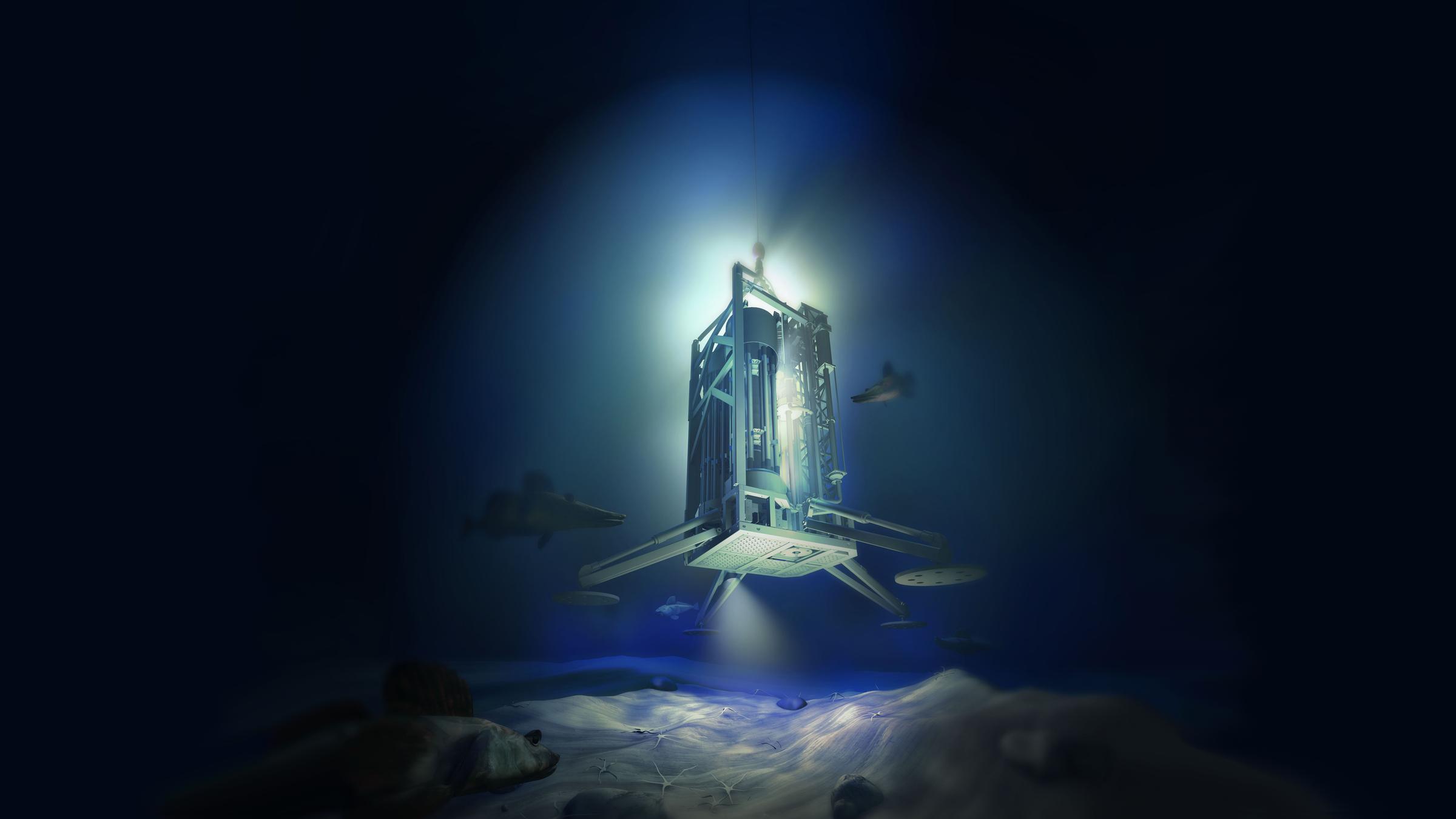 Auf einem computergenerierten Bild ist ein Spezialbohrer zu sehen, der in die Tiefe des Ozeans herabgelassen wird.