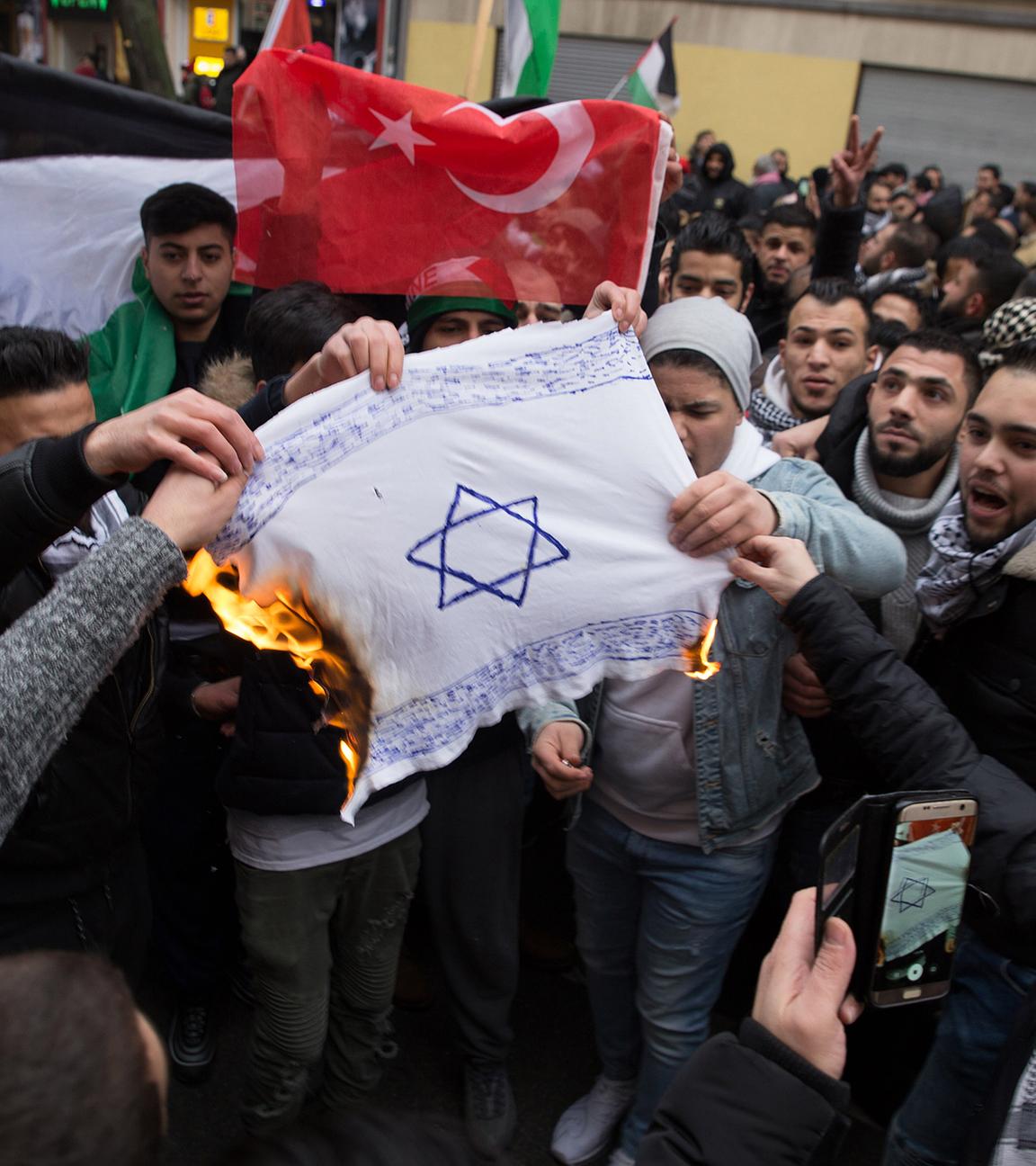 Archiv: Demonstranten verbrennen eine selbstgemalte Israel-Flagge in Berlin.