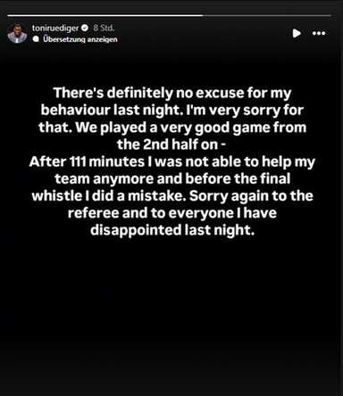 Real Madrids Antonio Rüdiger entschuldigt sich auf seinem Instagram-Kanal für sein Verhalten während dem Spiel gegen FC Barcelona.
