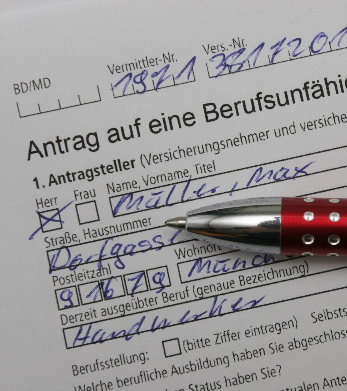 Antrag auf Berufsunfähigkeitsversicherung