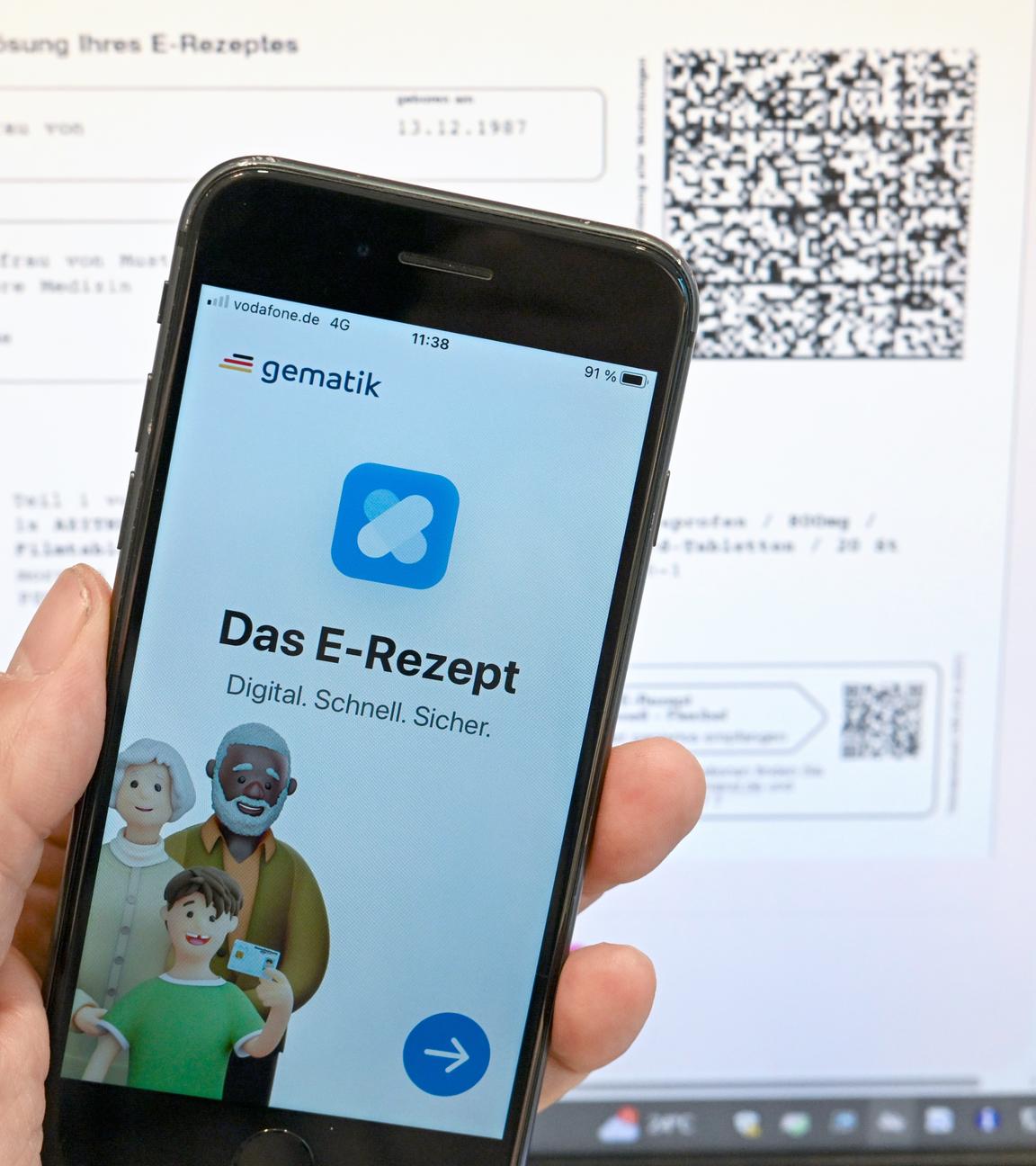 Eine Handy-App, auf der "Das E-Rezept" steht