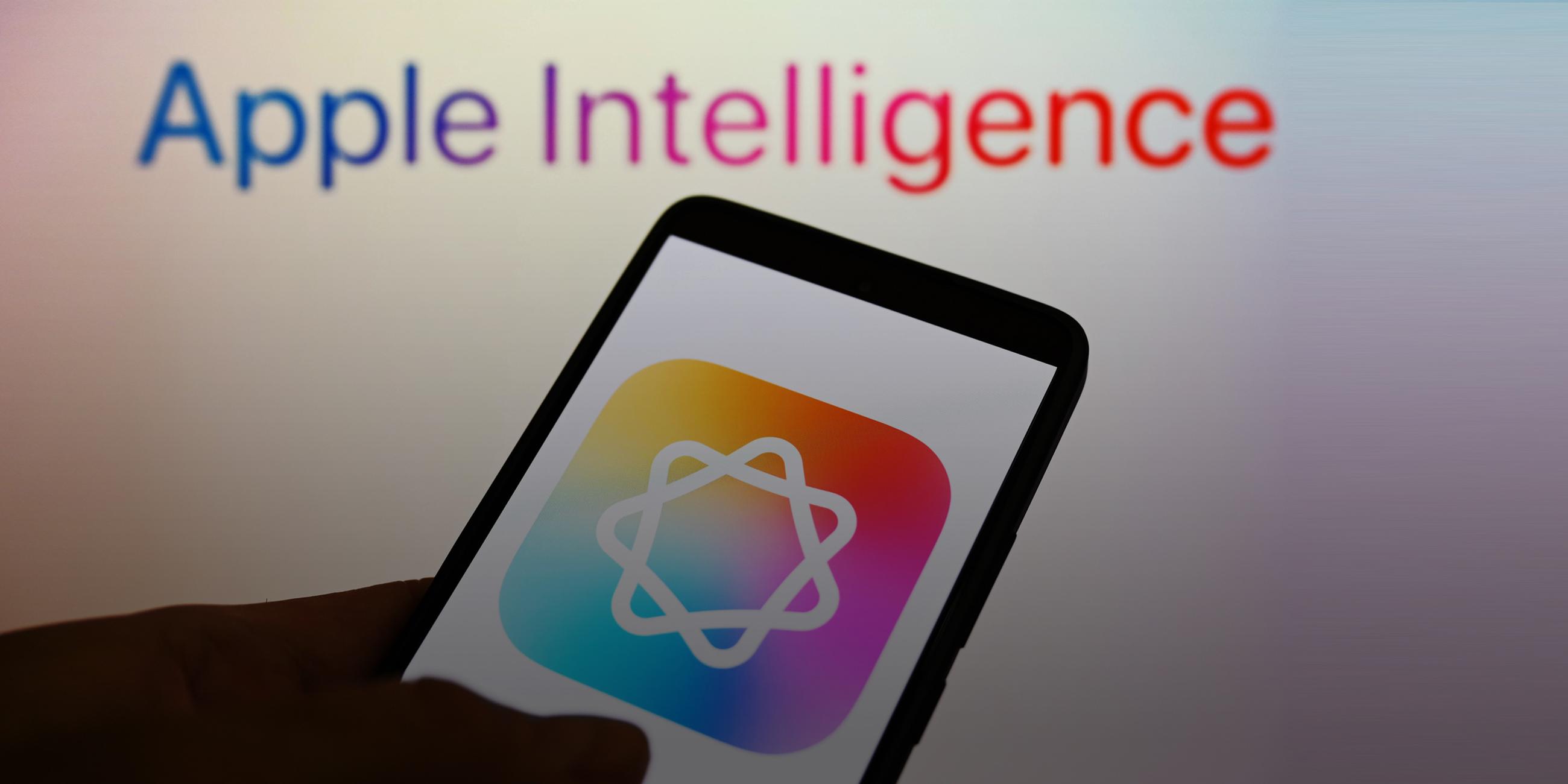 Ein Smartphone mit Apple Inetelligence Logo und AI Schriftzug darüber.