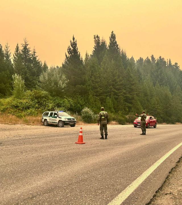 Man sieht einen Wald (der nicht brennt) und vor diesem steht ein Einsatzfahrzeug