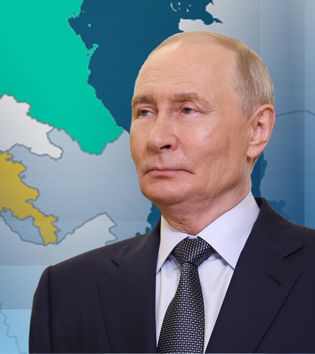 Russlands Präsident Wladimir Putin vor einer Karte Armeniens.