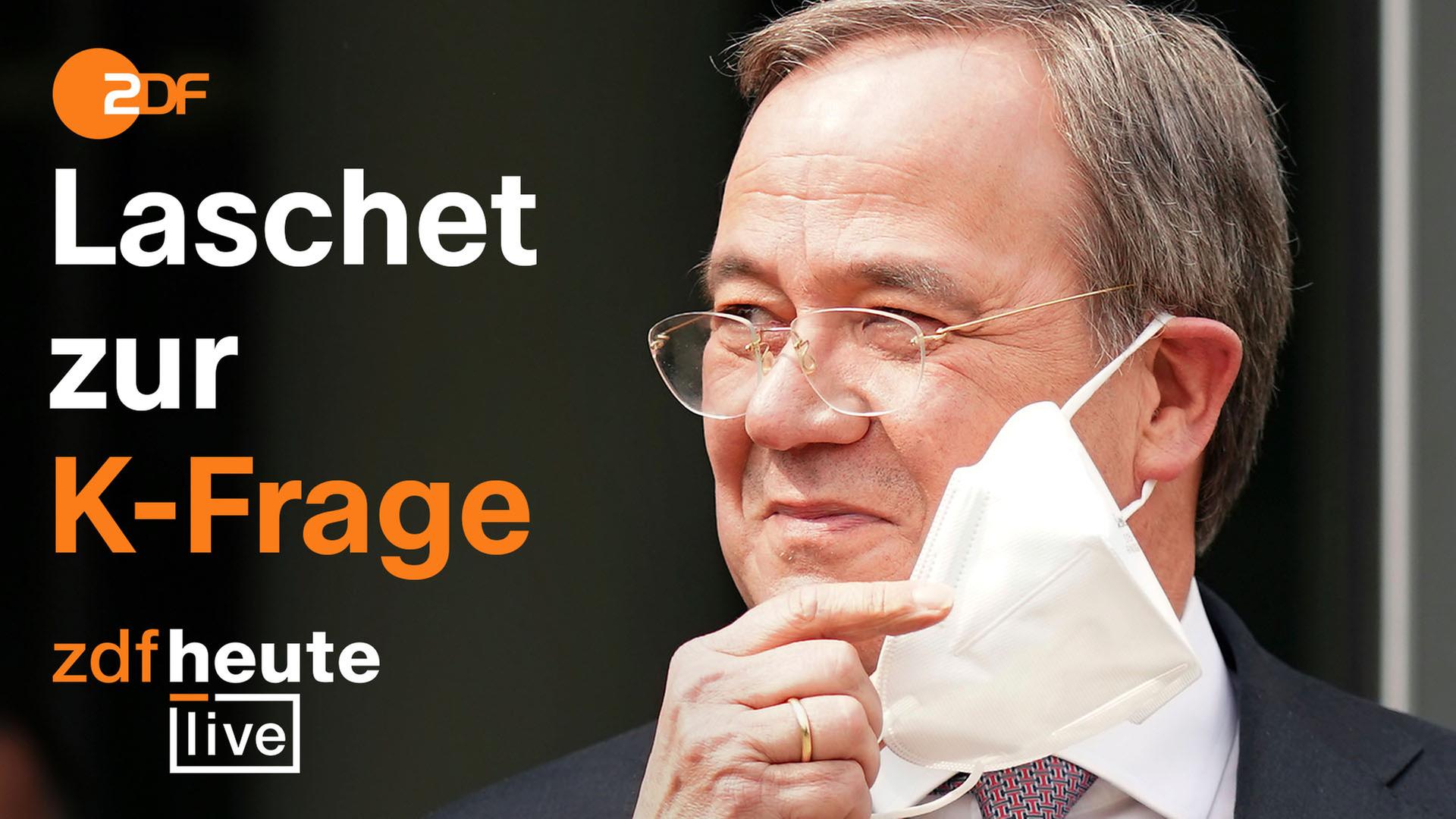 Armin Laschet mit Maske, Schriftzug "Armin Laschet zur K-Frage", ZDF-Logo oben links, ZDFheute live-Logo unten links