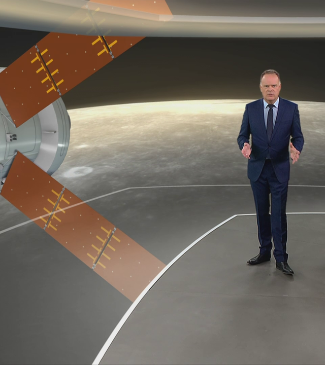 Grafikvideo, in dem Christian Sievers die Mond-Mission Artemis 2 erklärt.