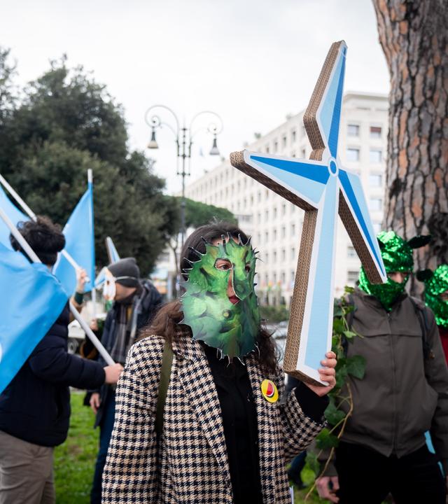 Fridays for Future and Climate Pride activists gather in front of FAO headquarters to ask the assembled international representatives to defend biodiversity and defend the climate.