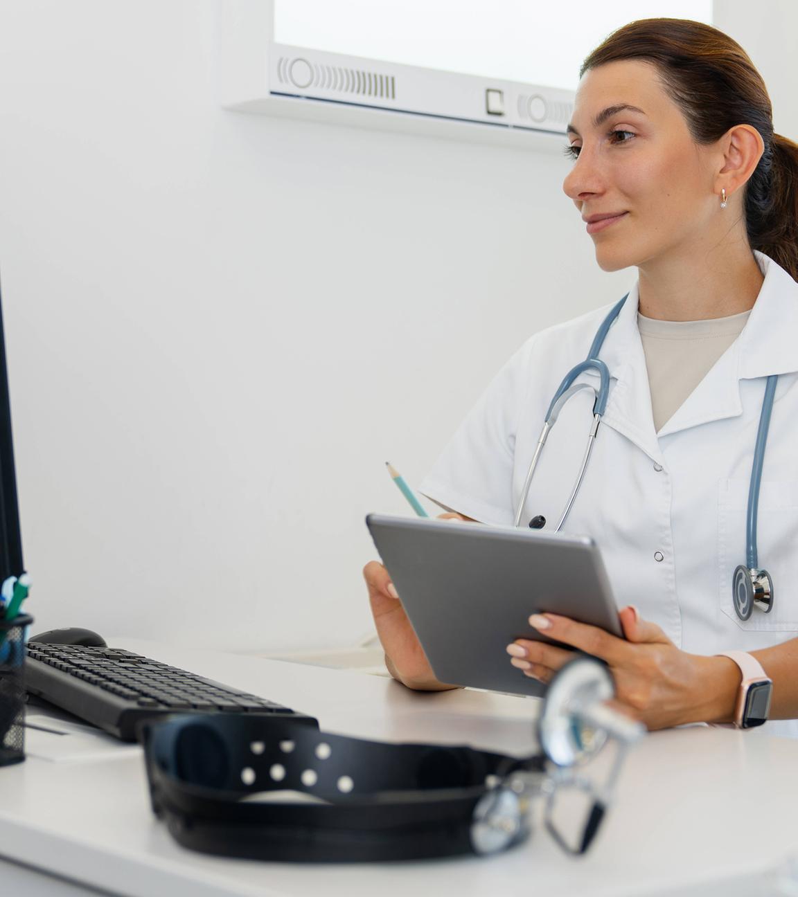 Arztberatung online mit digitalem Tablet in Arztpraxis