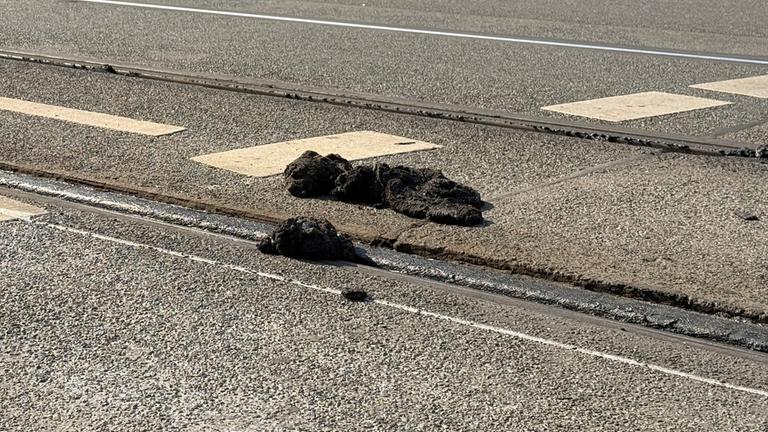 Ein Stück Straßenbelag, das sich durch die Hitze gelöst hat, liegt auf dem Asphalt in Nürnberg, Bayern. 