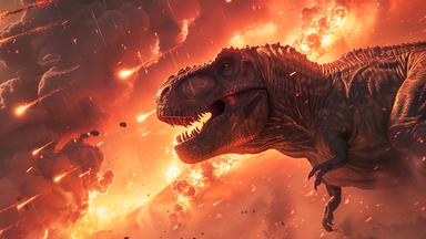 Ein T-Rex flieht durch ein Meer vom Flammen vor dem Inferno, im Hintergrund stürzen brennende Asteroiden vom Himmel.