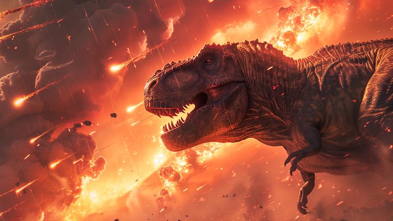 Ein T-Rex flieht durch ein Meer vom Flammen vor dem Inferno, im Hintergrund stürzen brennende Asteroiden vom Himmel.