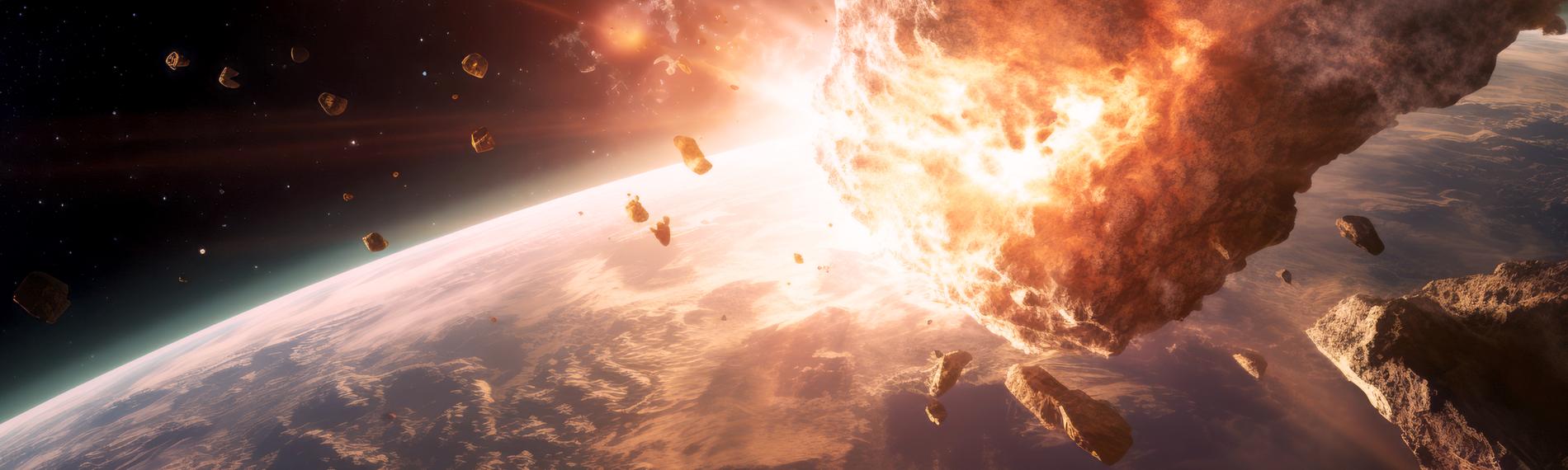 Animation: Ein riesiger Meteor rast auf die Erde zu.